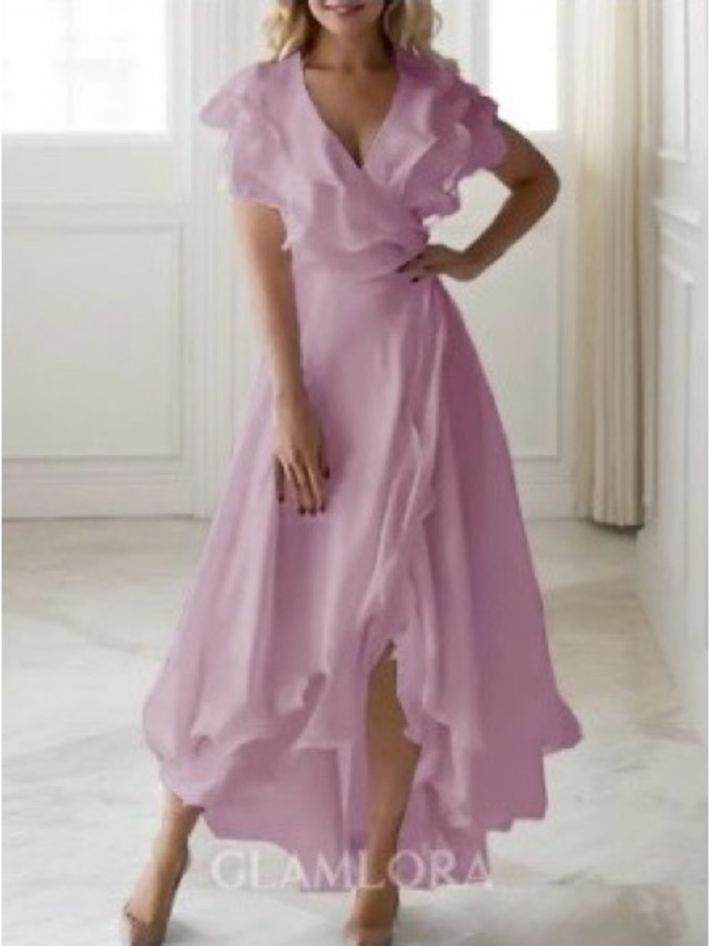 A-LINE V-NECK SLEEVELESS ASYMMETRICAL FLATTERING CHIFFON DRESS